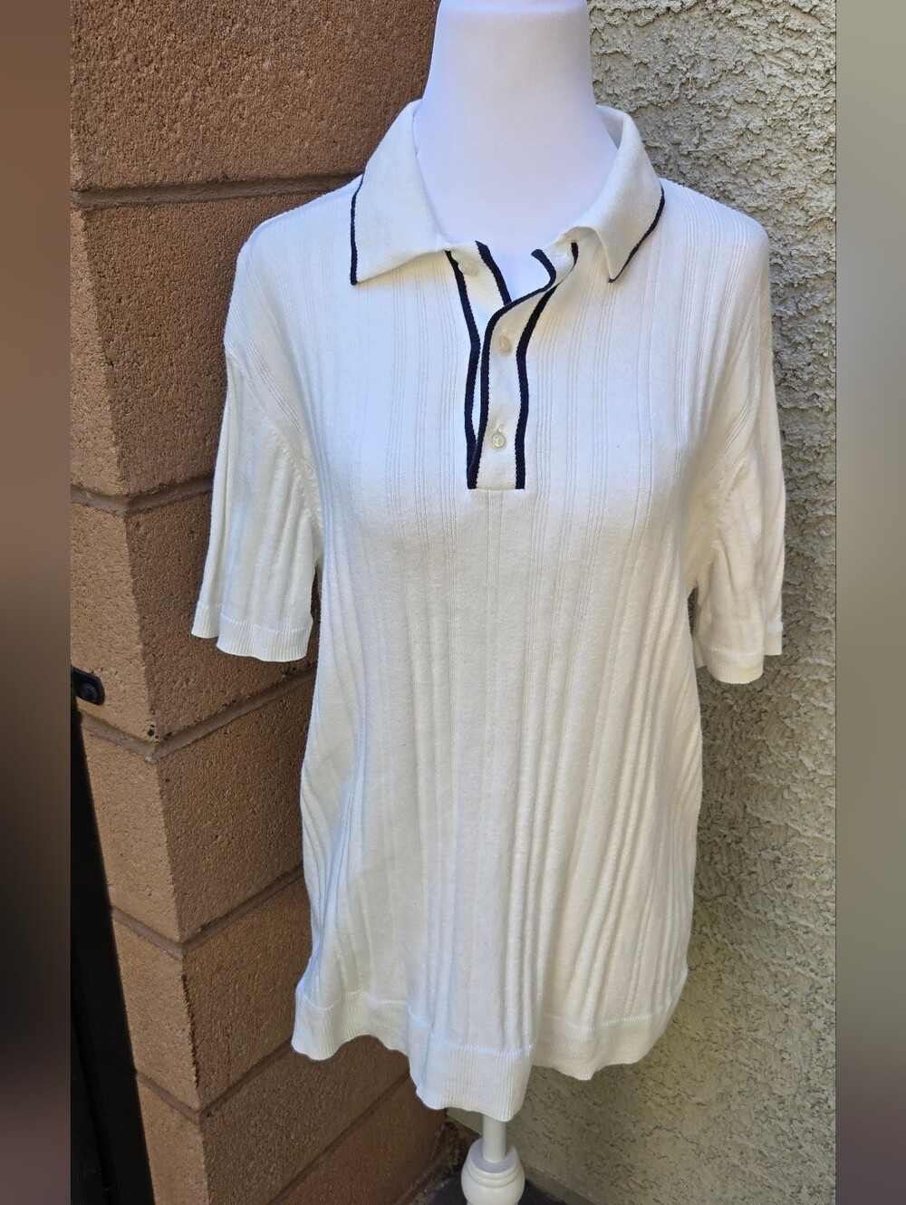 American Eagle Classic White Knit Polo Top with Black Trim
